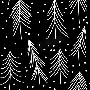 手绘黑白无缝图案与圣诞冬季树木装饰品。