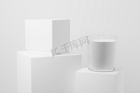 带盒包装的蜡烛玻璃 3D 渲染白色空白样机