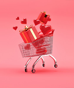 购物车、带红色礼盒的手推车和粉红色背景的红心。