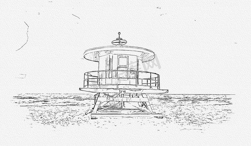 美国佛罗里达州劳德代尔堡南海滩救生员塔的铅笔素描画插图