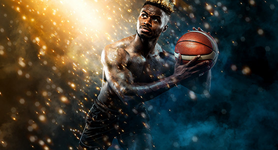 美国黑人运动员、篮球运动员的肖像，黑色背景上有球。