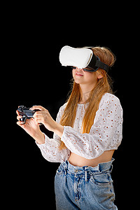 使用虚拟现实与全息 Hololens 眼镜的女孩的肖像。