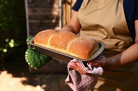 米色厨房围裙中的厨师糕点，配有烘焙容器，里面装着新鲜出炉的硬皮自制全麦面包
