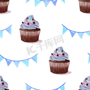 白色背景上的水彩蓝色纸杯蛋糕无缝图案。可用作生日邀请模板、剪贴簿、墙纸、布局、织物、纺织品、包装纸