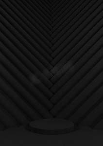 黑色、深灰色、黑白 3D 渲染简单、最小、产品展示，背景中有一个圆柱形支架和三角形楼梯状图案指向产品