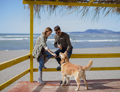 年轻夫妇和一只狗在海滩