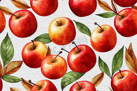 秋天花图案摄影照片_水彩无缝秋季图案，红苹果，浆果，叶子，花朵，