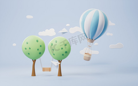 休闲卡通摄影照片_卡通热气球与树木场景，3d 渲染。