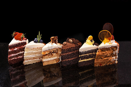 各种大块不同的蛋糕：巧克力、覆盆子、草莓、坚果、蓝莓。