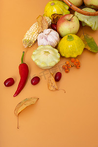 橙色背景下的秋收篮，配有玉米、苹果、西葫芦和辣椒。