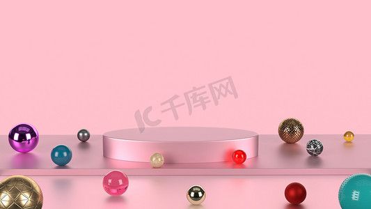粉色展台摄影照片_粉红色柔和的颜色产品展台与彩色大理石背景。