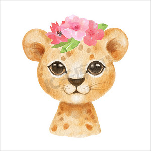 可爱的肖像猎豹头与卡通风格的花朵。