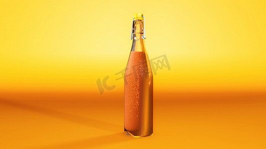 橙汁用在玻璃瓶的苏打水有橙色背景。