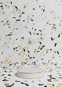 白色、浅灰色、黑色和白色 3D 渲染产品展示基座周年纪念产品，在讲台周围用五彩纸屑庆祝，金色线条用于奢侈品简单、最小的背景