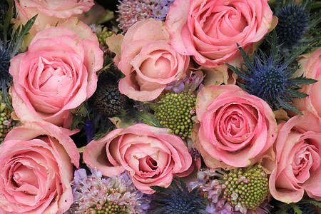 婚礼插花中的粉红玫瑰和蓝色海冬青