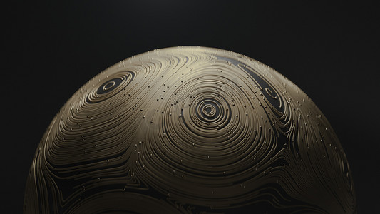 金色粒子线条背景摄影照片_3d 渲染金色球与黑色背景上的圆形地形动画线和粒子