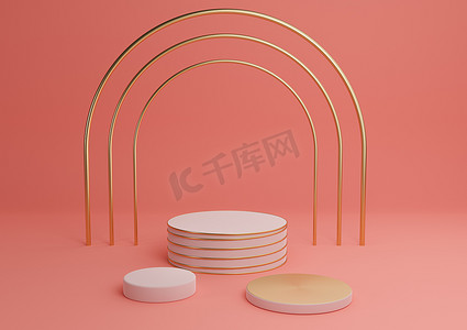 明亮、霓虹、鲑鱼粉色 3D 渲染简单的产品展示圆筒讲台与豪华金拱和线条三站最小背景抽象组合