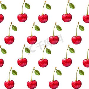 绿色食物插图摄影照片_插图现实主义无缝图案浆果红樱桃与孤立的白色背景上的绿叶