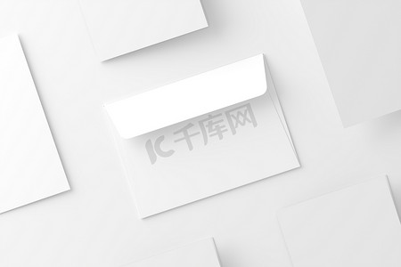 A4 A5 折叠邀请卡带信封 3D 渲染白色空白样机