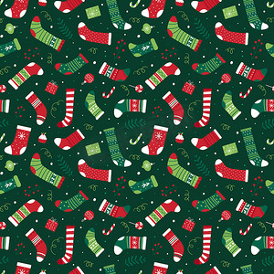 无缝圣诞图案与各种圣诞袜。