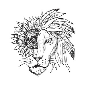 狮子与向日葵向日葵羽毛和叶子作为鬃毛从正面纹身图黑色和白色
