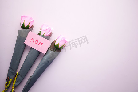 花束妈妈摄影照片_妈妈用粉红色的玫瑰花和妈妈在纸上写的文字说概念