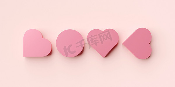 心形的 3d 插图排列成 LOVE，情人节的横幅海报