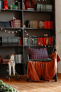 马玩具摄影照片_书柜背景中的木马和摇椅