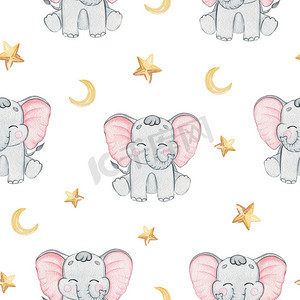 水彩灰色大象和星星在白色背景上的无缝图案，用于织物、纺织品、品牌、邀请、剪贴簿、包装