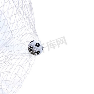 工作室在白色隔离的球门网中拍摄移动的足球