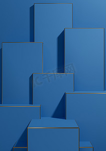 明亮、黑暗、柔和的蓝色 3D 渲染简单、最小、几何背景产品展示基座金色线条用于产品广告壁纸模板