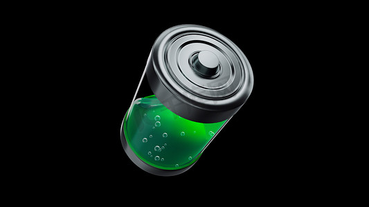 电池充电图标摄影照片_黑色背景上带有绿色液体充电水平指示器的 3d 渲染生态电池充电
