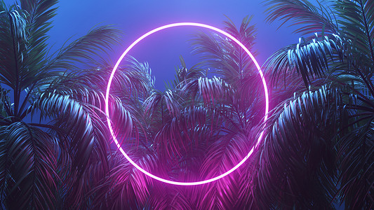 赛博朋克场景摄影照片_Retrowave 热带场景棕榈树和发光框架 3d 渲染