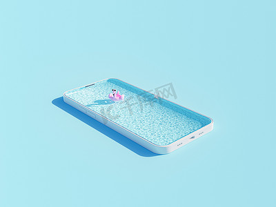 蓝色表面智能手机外壳中水池的 3D 渲染