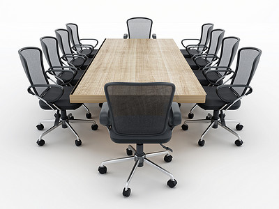 白色桌椅摄影照片_在白色背景隔绝的会议室桌椅。 