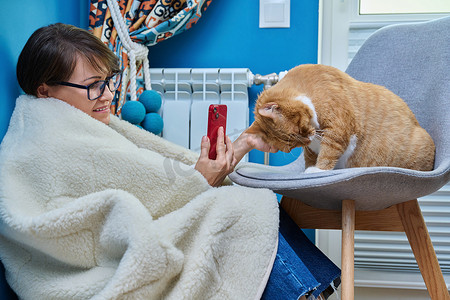 室内取暖摄影照片_在家使用智能手机的女性，在暖气片附近用猫取暖