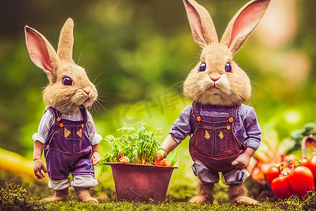 3D 渲染可爱的小兔子农民穿着工作服在花园里满是蔬菜和复活节彩蛋