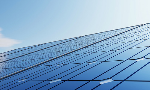 具有太阳能电池板的太阳能发电站，用于通过蓝天背景的绿色电力产生电能。