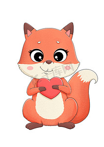可爱的小红狐狸与红色的心