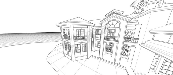 建筑房屋外部 3D 透视线框渲染隔离黑色背景计算机智能技术