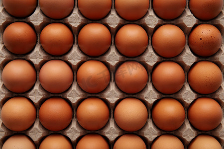 纸箱托盘中许多新鲜红鸡蛋的特写