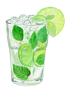 水彩手绘绿色莫吉托鸡尾酒杯，薄荷、酸橙和冰隔离在白色背景上。