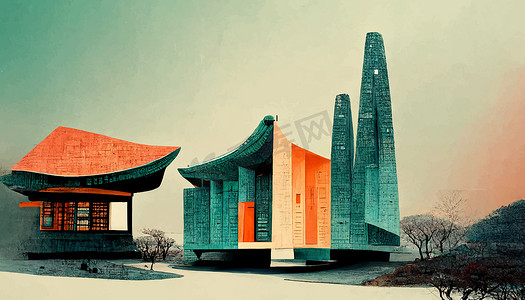 韩国建筑插图。