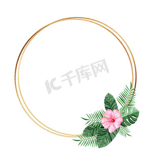 金色圆形摄影照片_金色圆形框架与水彩热带花卉和叶子隔离在白色背景。