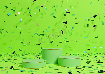 明亮的霓虹绿色 3D 渲染产品展示三个讲台站着五颜六色的五彩纸屑庆祝周年广告和奢侈品的金线简单，最小的背景
