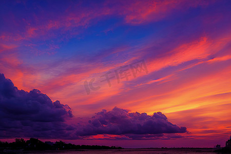 美丽的橙色和紫色天空和云彩在日落时。
