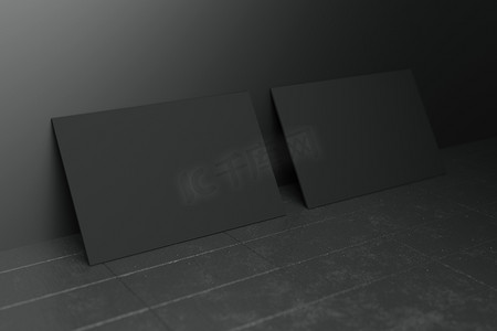 黑色水平名片纸样机模板，带有空白空间盖，用于在黑色混凝土地板背景上插入公司徽标或个人身份。