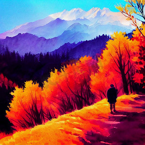 秋天的山里徒步旅行，水彩画