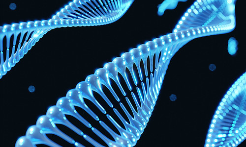 黑色螺旋背景摄影照片_黑色背景上的蓝色螺旋 DNA 染色体基因修饰。
