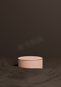 深棕色 3D 渲染最小产品展示一个豪华圆柱讲台或站在波浪纺织产品背景壁纸抽象构图与金线